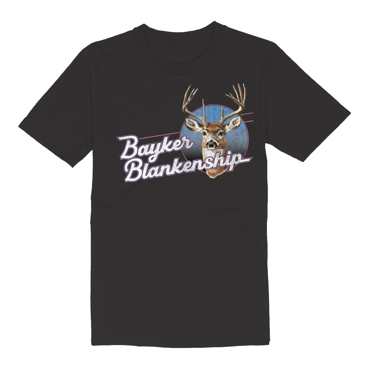 black tee with white text that reads "Bayker Blankenship" and Deer photo