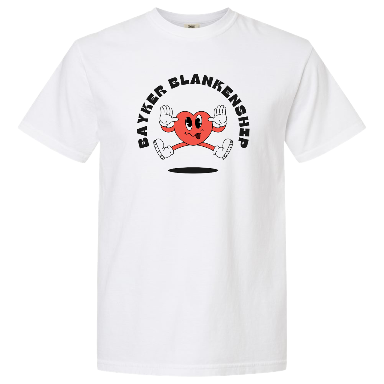 White Tee shirt with heart graphic and black text that reads "Bayker Blankenship"