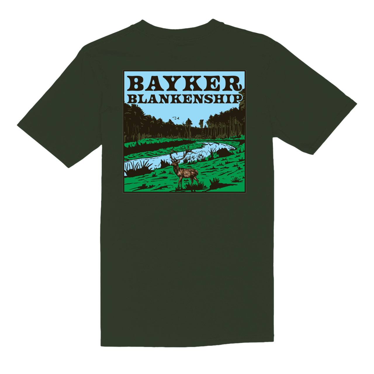 back of green tee with nature landscape graphic and black text that reads "Bayker Blankenship"