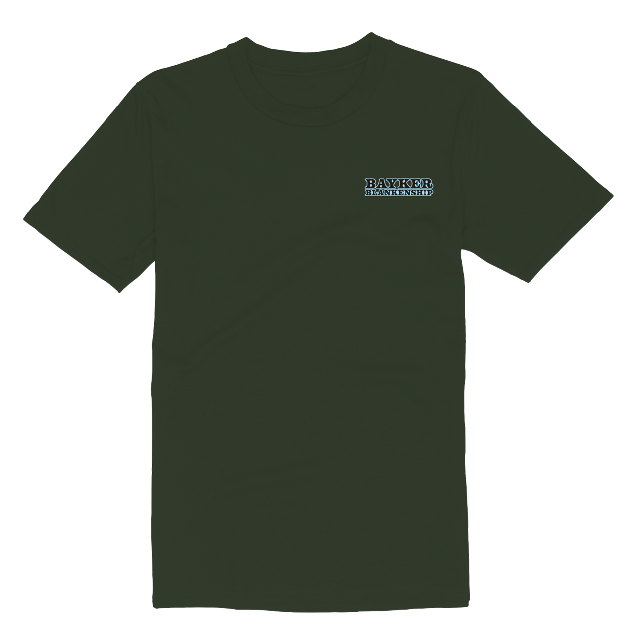 front of green tee with black and white that reads "Bayker Blankenship"