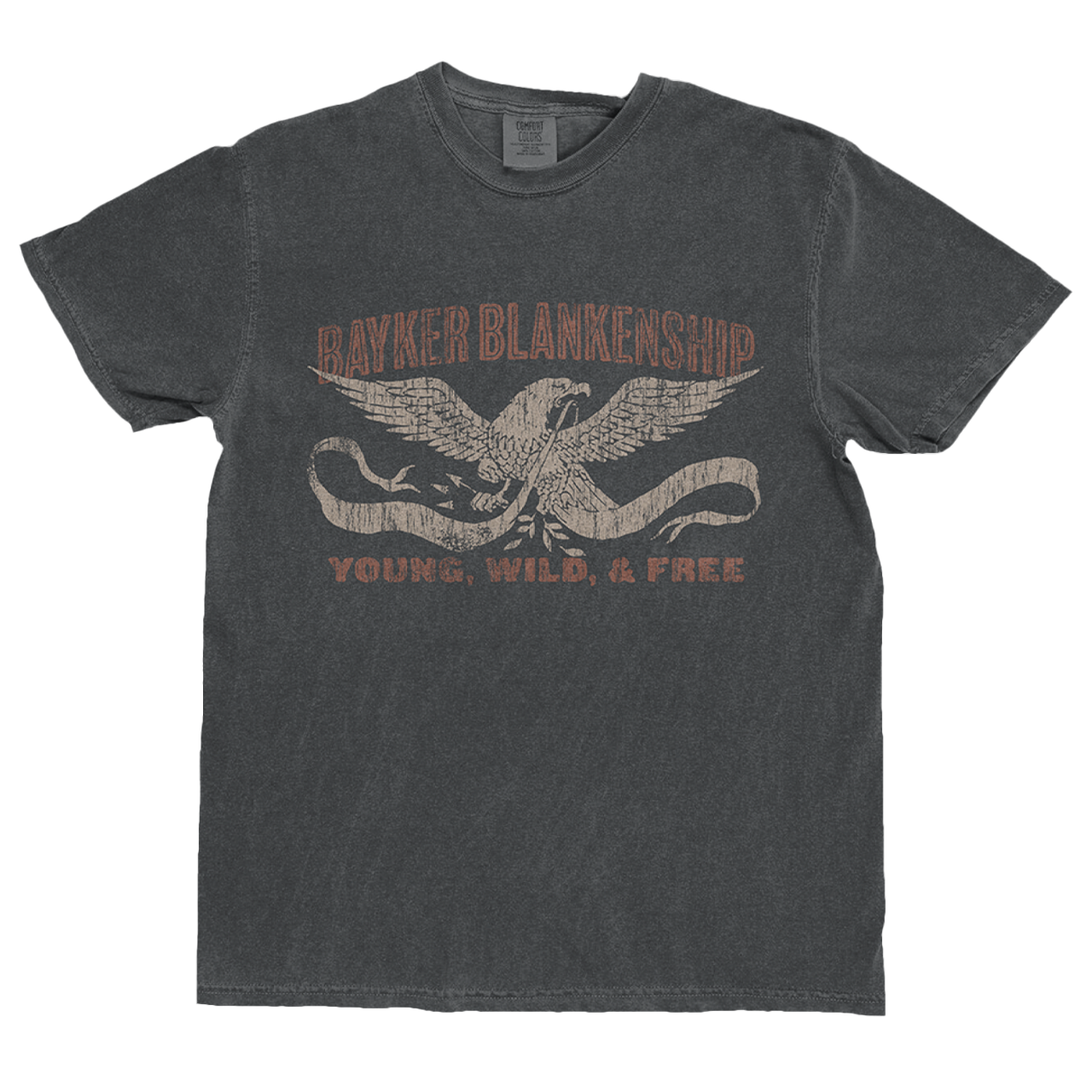 pepper tee with eagle graphic, red text reads "Bayker Blankenship Young, Wild, and Free"
