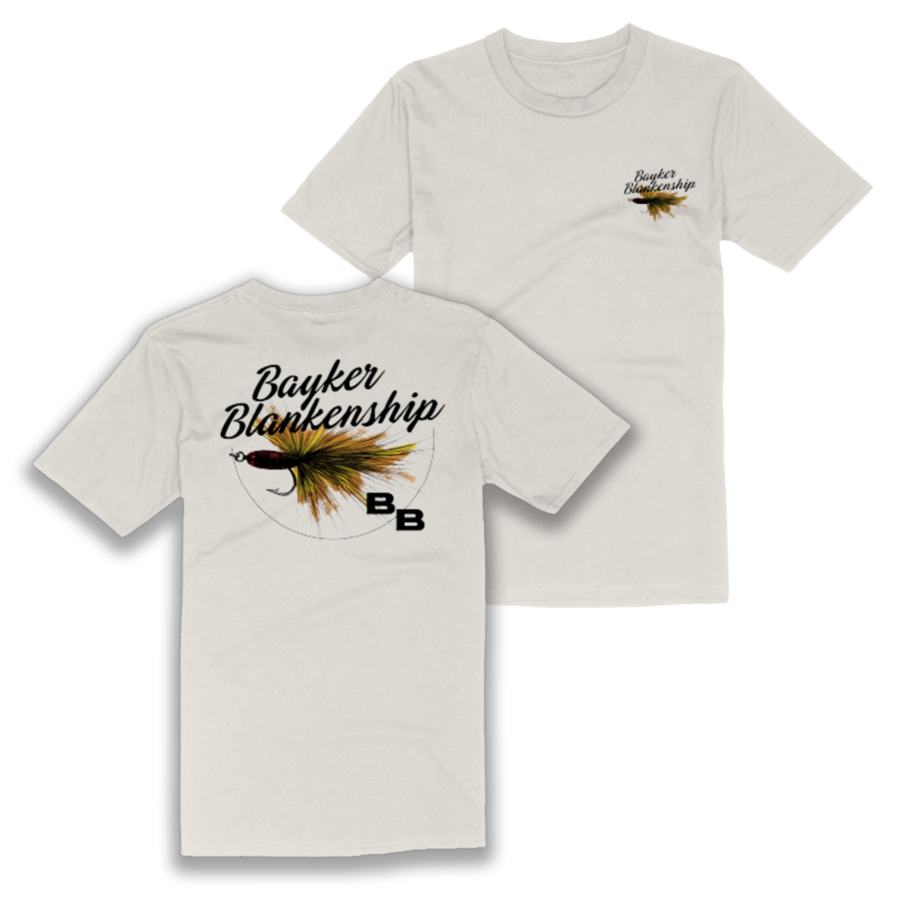 back of white tee features fishing lure graphic with black text that reads "Bayker Blankenship", front of tee features same design on the left chest.