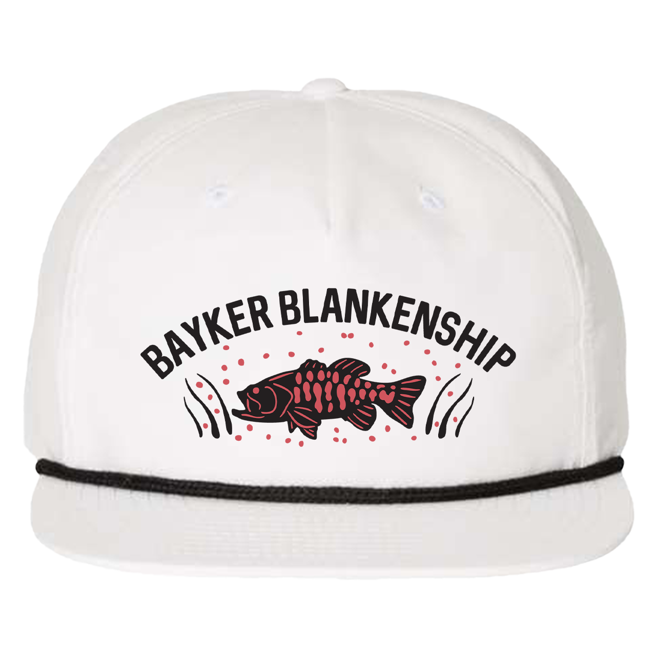 white cap with black rope and black and pink embroidered fish design and text that reads, "Bayker Blankenship".
