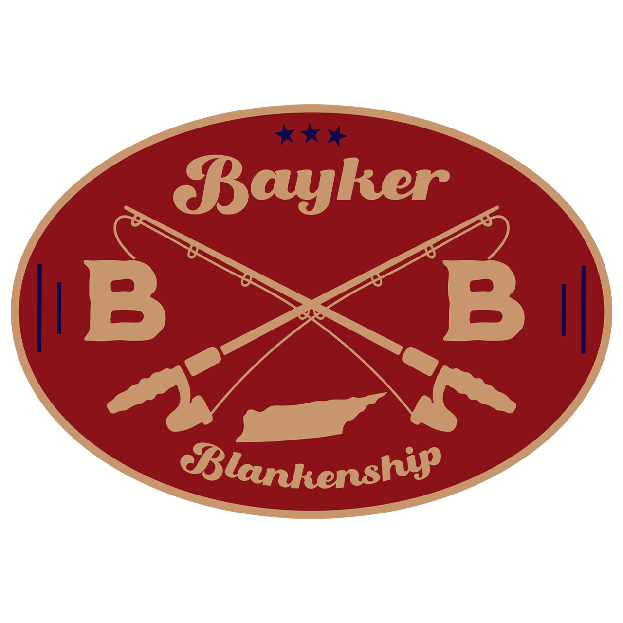 red and gold sticker features fishing illustrations and text that reads, "Bayker Blankenship"