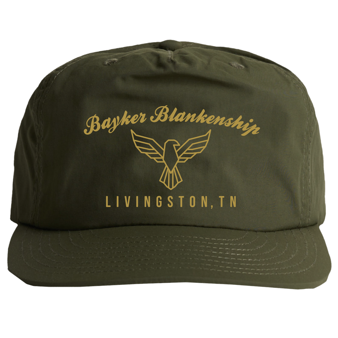 green cap with gold text that reads "Bayker Blankenship Livingston, TN" and eagle graphic.