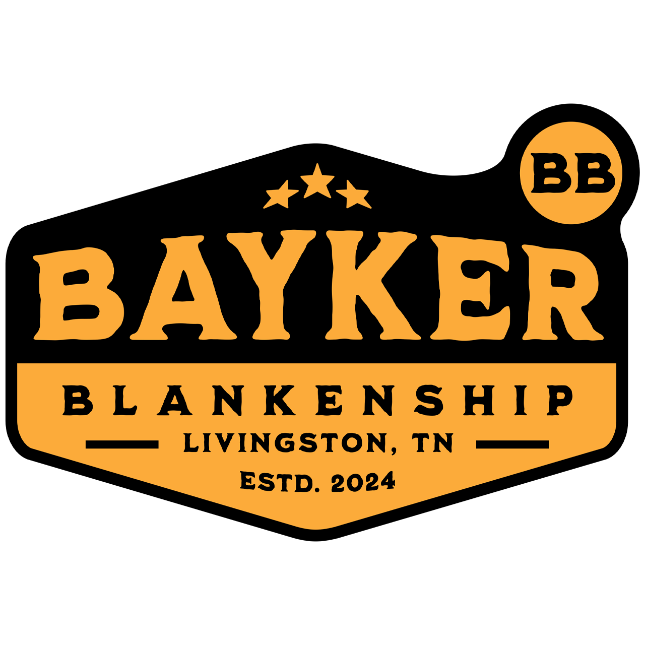 black and gold sticker features text that reads, "Bayker Blankenship", "Livingston, TX", and "ESTD. 2024"
