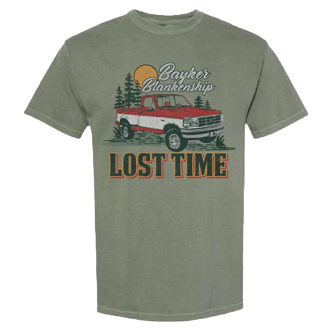 green tee with red and white pickup truck and nature scene graphic, white text reads "Bayker Blankenship", green, yellow, red text reads "Lost Time"