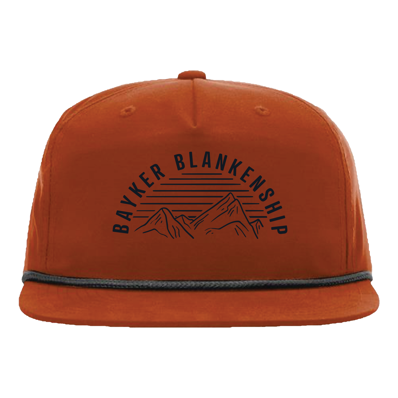 dark orange cap with black rope and black text that reads "Bayker Blankenship" and mountain graphic