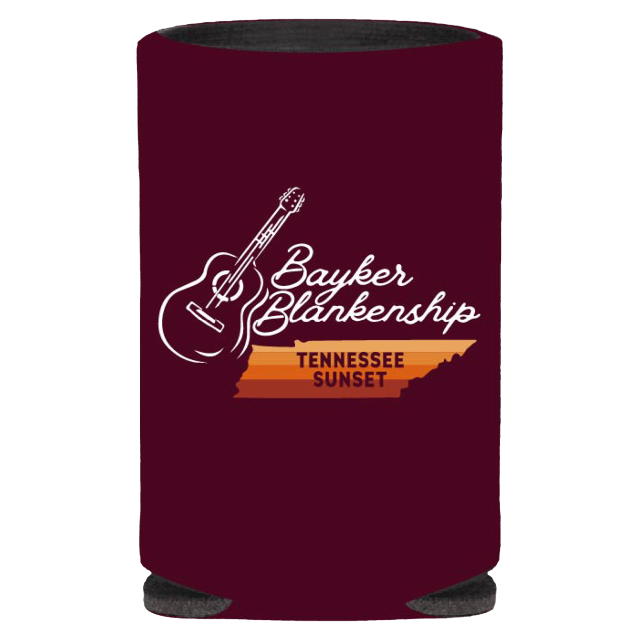 red koozie with white guitar graphic, white text that reads "Bayker Blankenship", red and orange Tennessee state graphic with red text that reads "Tennessee Sunset".