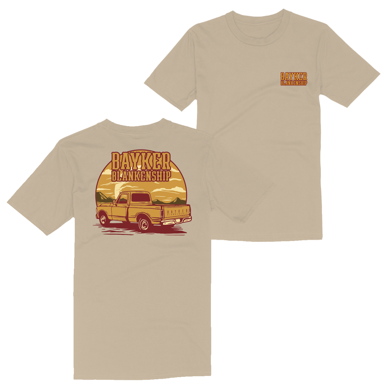 back of sand tee features yellow pick up truck and nature landscape graphic, yellow and red text reads "Bayker Blankenship". front of sand tee features yellow and red text reads "Bayker Blankenship"