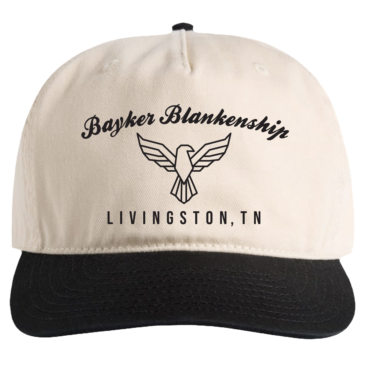 beige cap with black text that reads "Bayker Blankenship Livingston, TN" and eagle graphic.