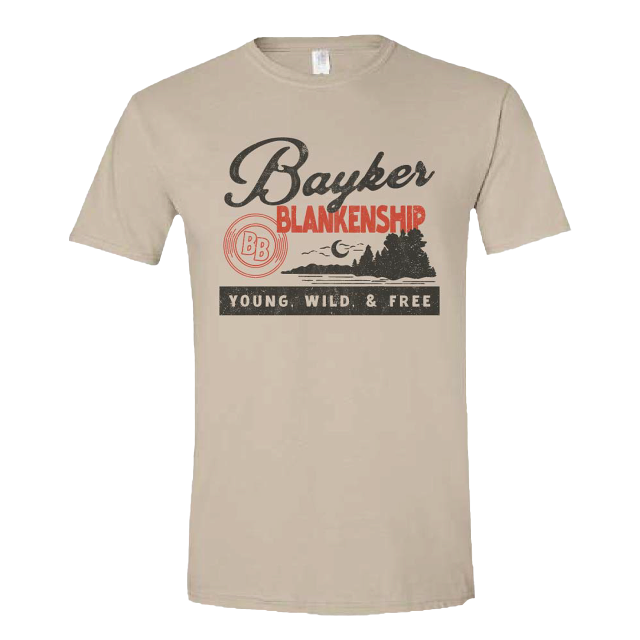 sand tee with black text that reads "Bayker", red text that reads "Blankenship", white text with black background that reads "Young, Wild, and Free", nature landscape graphic